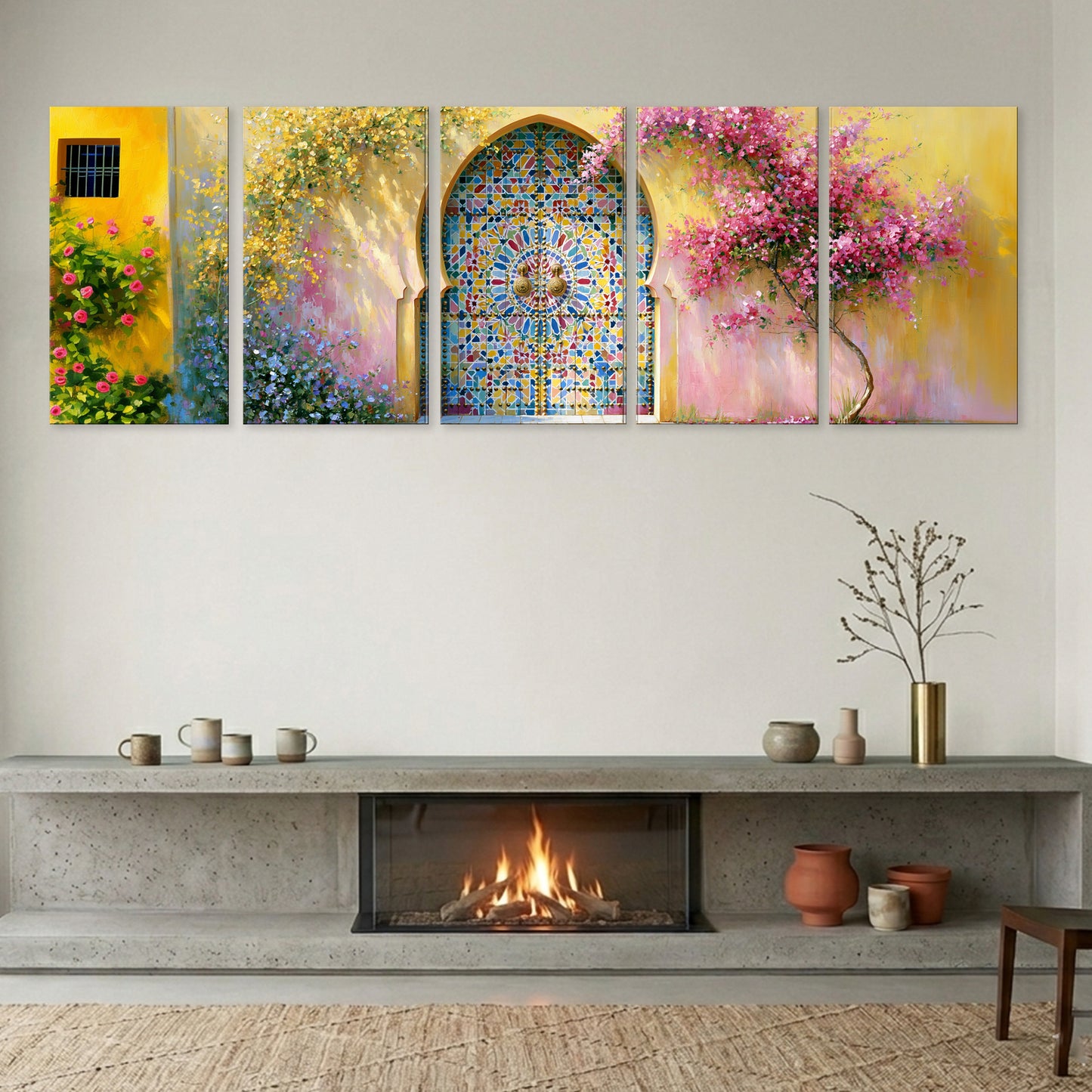 a cozy living room with a fireplace, a wooden shelf, and a collection of colorful paintings displayed on the wall above it.