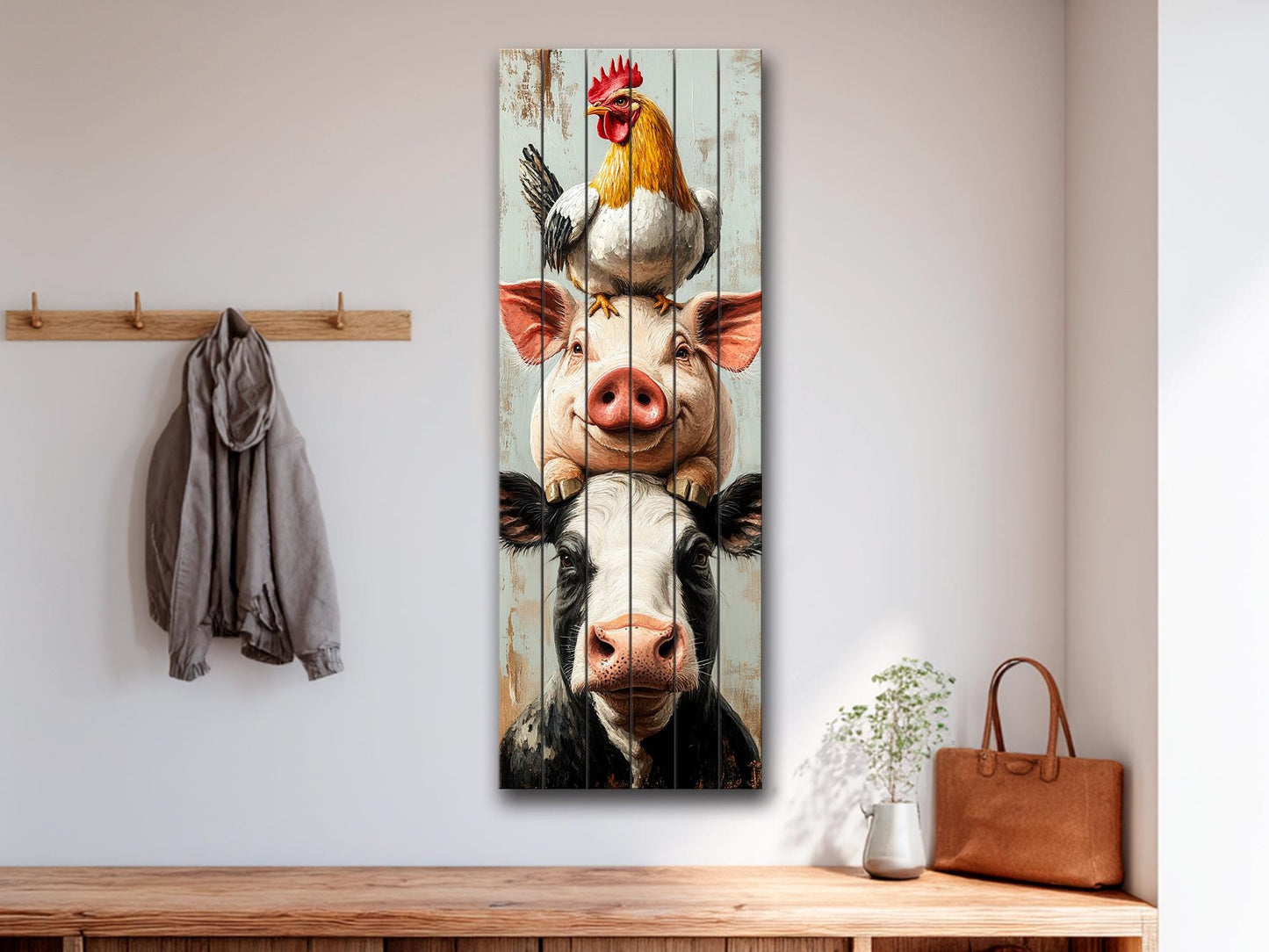 Farm Animal Wall Art – Rustic Farmhouse Decor Wooden Farm Print on Wood Planks