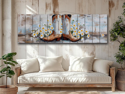 Cowboy Boots Wall Art - Handcrafted Wood Print | Rustic Western Decor with Daisies