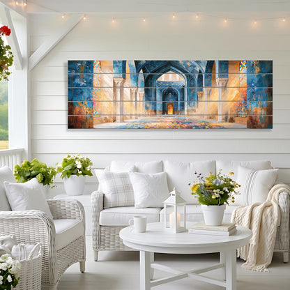 a cozy living room with a large, colorful painting of an ornate building as the focal point. The room is decorated with white furniture, including a sofa, chairs, and a coffee table, creating a warm and inviting atmosphere.