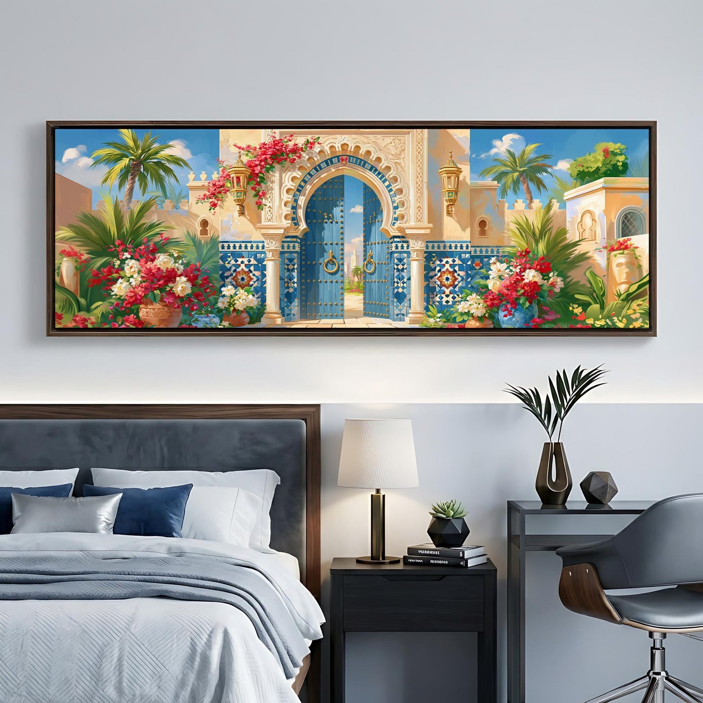 a large, colorful painting of an ornate, blue-trimmed gate with a yellow archway, surrounded by tropical plants and flowers, hanging above a bed with a gray headboard.