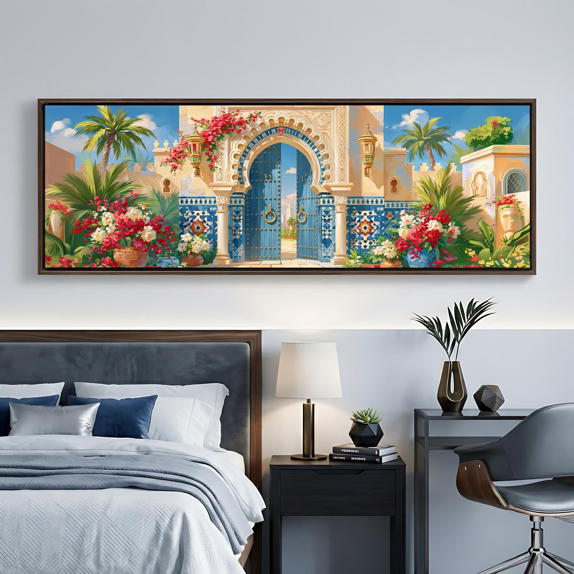 a large, colorful painting of an ornate, blue-trimmed gate with a yellow archway, surrounded by tropical plants and flowers, hanging above a bed with a gray headboard.