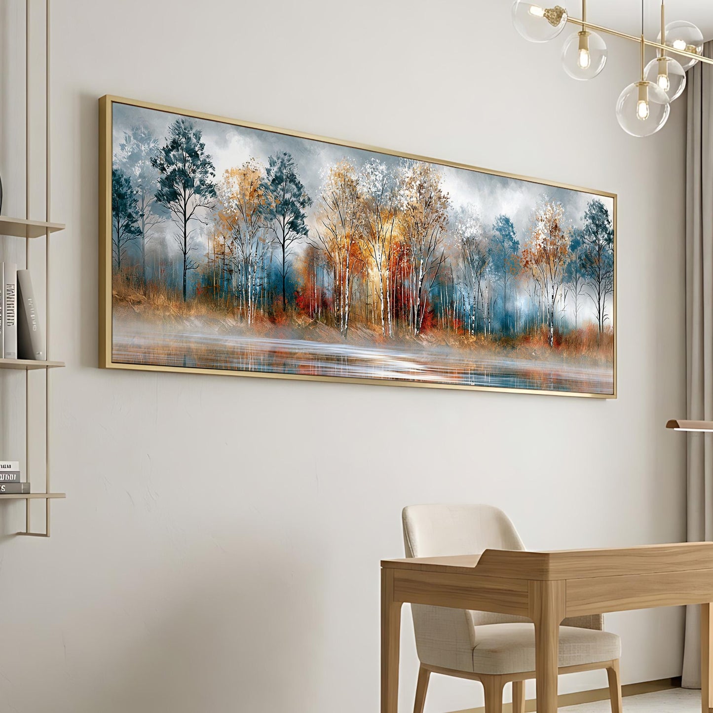 a large, framed painting of a forest scene hanging on a wall. The painting depicts a serene landscape with trees in various shades of blue, orange, and green, set against a calm body of water. The painting is framed in gold and is the focal point of the room, which includes a wooden desk and chair, as well as a bookshelf.