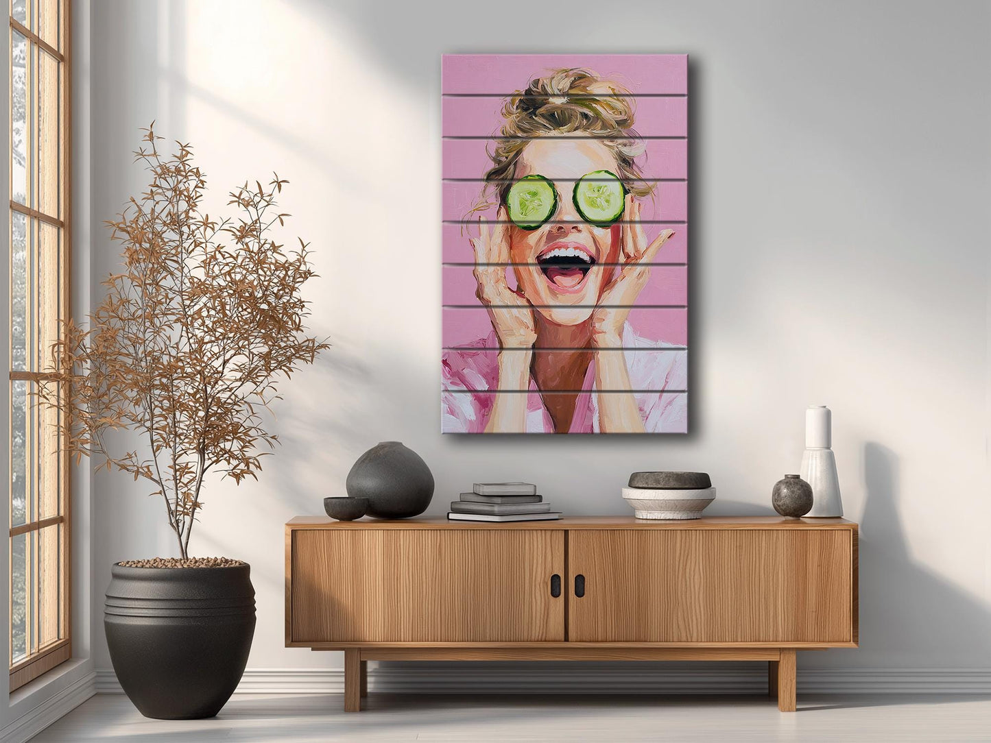 Spa Print Wood - Blonde Woman Cucumber Spa Print on Natural Wood Wall Art