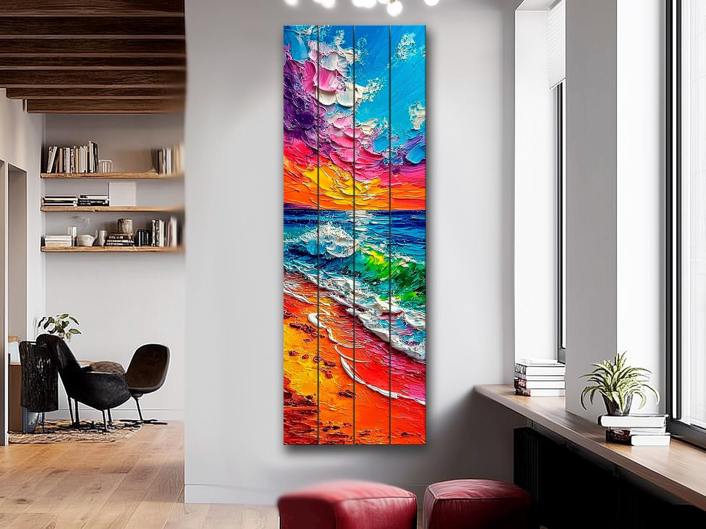 Vibrant Beach Scene Print on Wood, Colorful Coastal Painting, Summer Wall Art