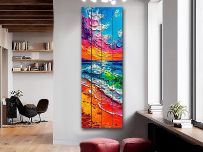 Vibrant Beach Scene Print on Wood, Colorful Coastal Painting, Summer Wall Art