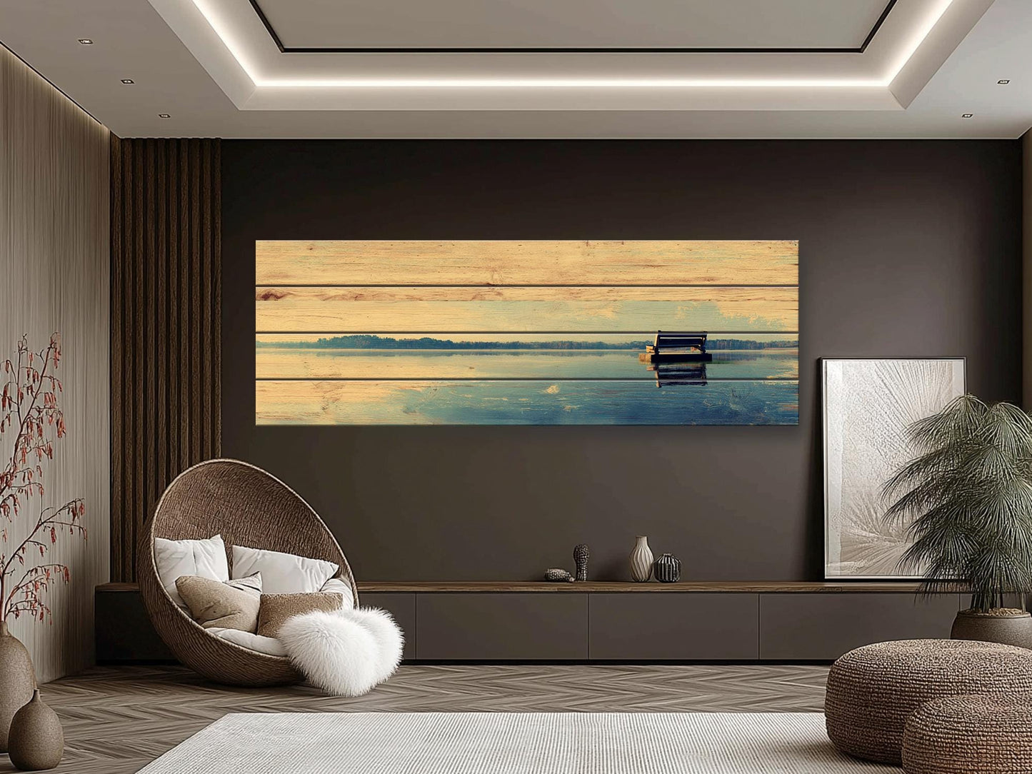Lakeside Bench Wall Art – Panoramic Lake Landscape on Natural Wood Panel