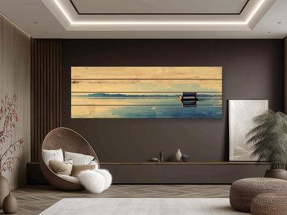 Lakeside Bench Wall Art – Panoramic Lake Landscape on Natural Wood Panel