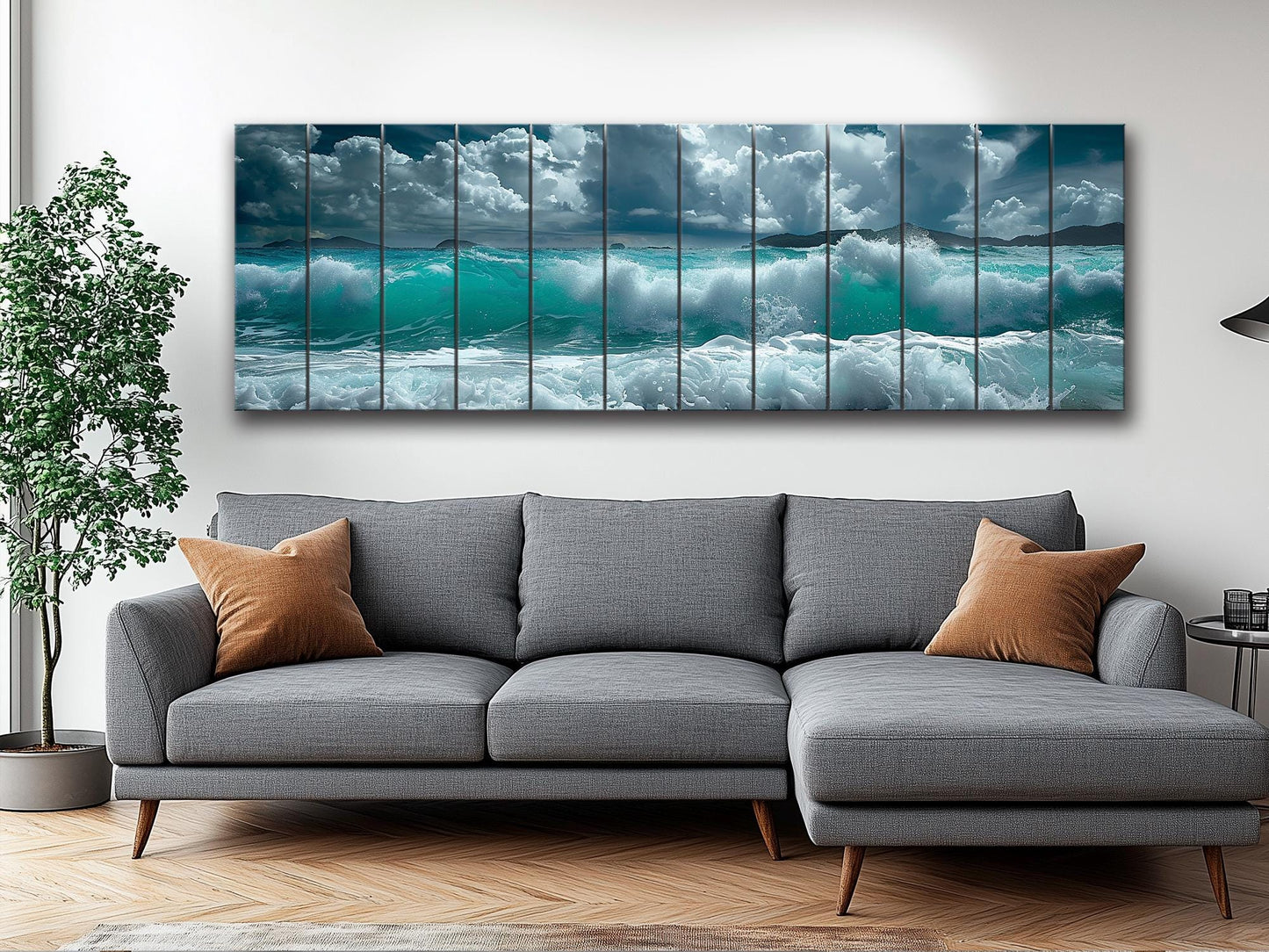 Ocean Wall Decor - Soft Blue Ocean Waves Printed On Natural Wood Art Planks