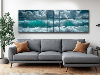 Ocean Wall Decor - Soft Blue Ocean Waves Printed On Natural Wood Art Planks