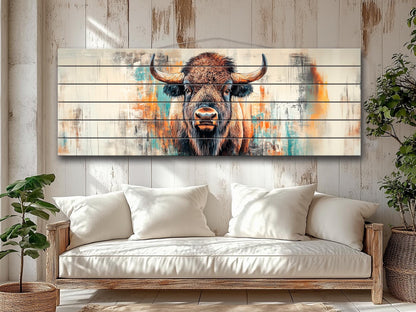 Rustic Wood Wall Art - Bison Print on Wood, Abstract Bison Portrait, Bison Wall Art, Farmhouse Wall Decor, Bison Painting, Bison in Interior