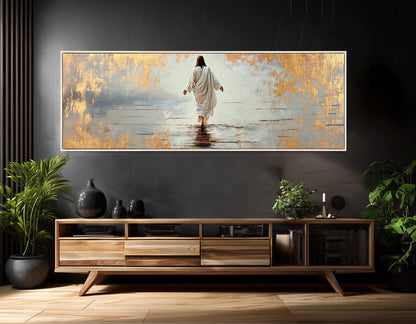 Jesus Walking on Water Religious Wall Art – Framed Canvas Print with Gold Leaf Accents
