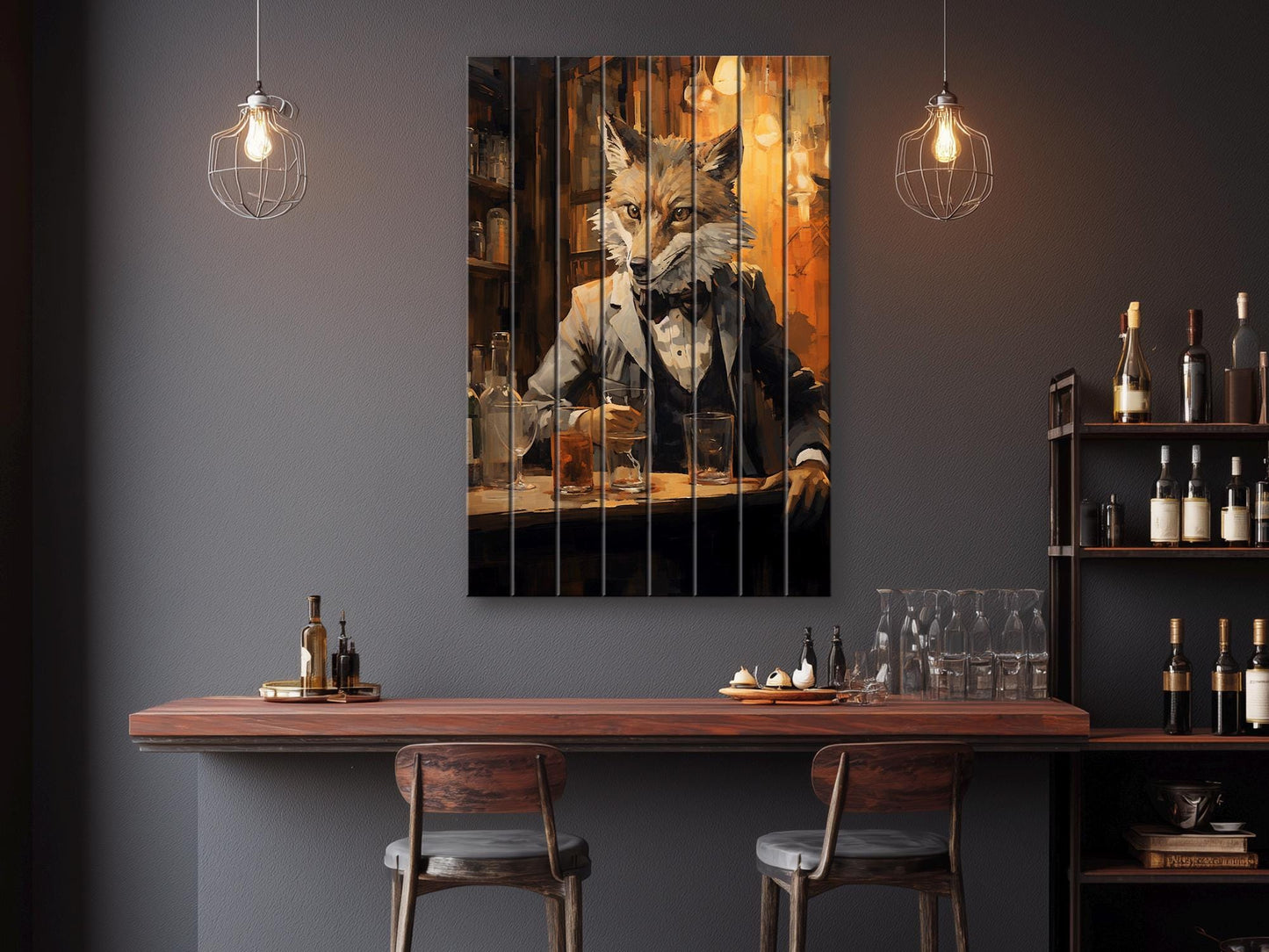 Fox Bartender Print on Natural Wood – Bar  Wall Art