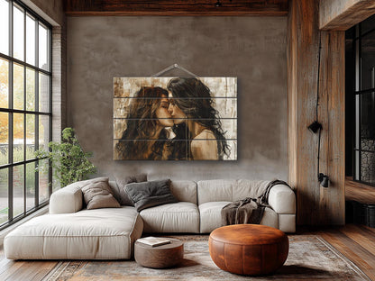 Abstract LGBT Kiss Painting Printed on Natural Wood, Erotic Wall Art, LGBT Sexy Wall Art, Gay Wall Decor, Wood in Interior, Wood Wall Art