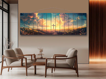 Christian Wood Wall Art – Cross Sunset Painting on Natural Wood Planks | Handcrafted Rustic Farmhouse Decor
