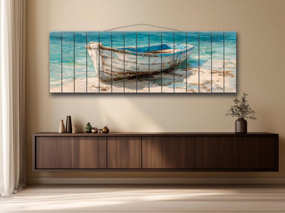 Rowboat Print Wood - Coastal Wall Art | Rustic Seaside Decor On Light Wood