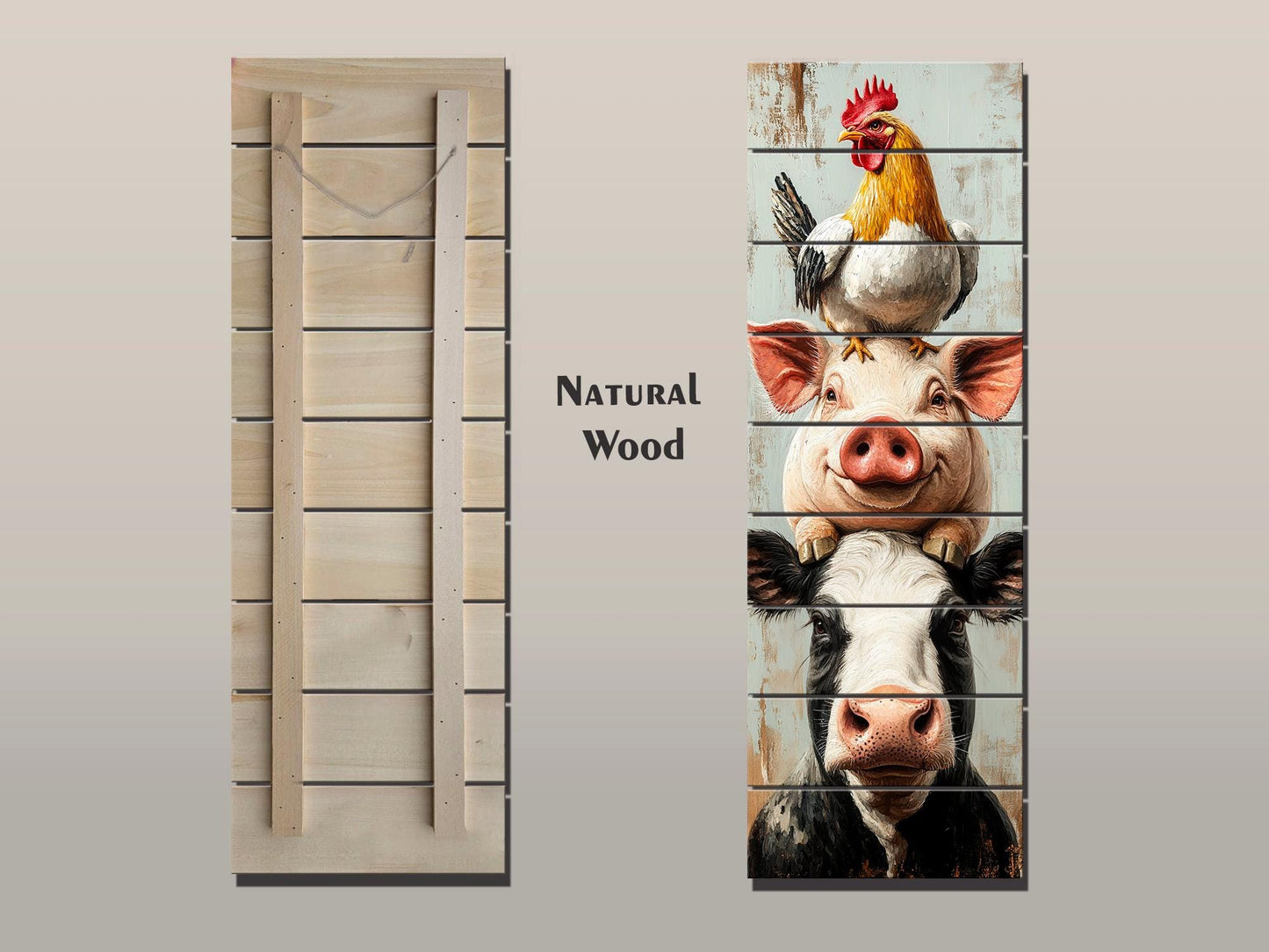 Farm Animal Wall Art – Rustic Farmhouse Decor Wooden Farm Print on Wood Planks