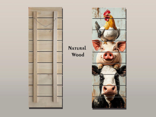 Farm Animal Wall Art – Rustic Farmhouse Decor Wooden Farm Print on Wood Planks