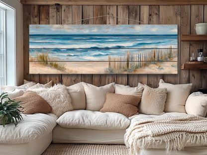 Serene Coastal Scene with Rolling Waves and Sandy Dunes Print on Wood, Seaside Grass, Beach Wall Art, Beach Cabin Decor, Wood Wall Art
