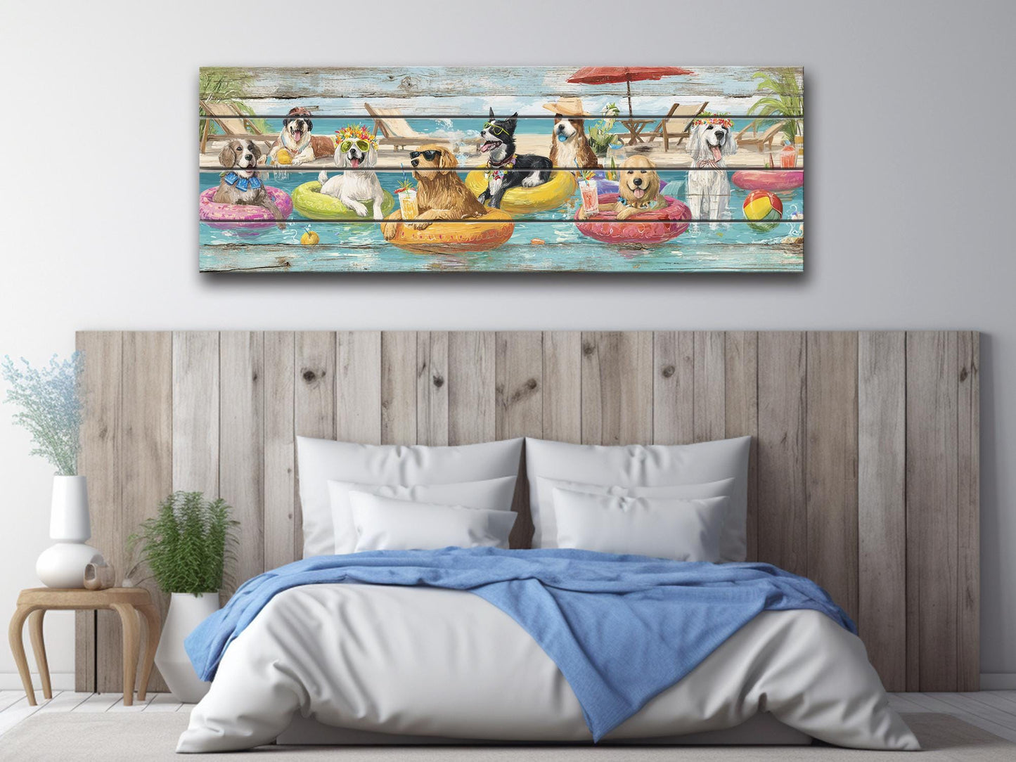 Dog Pool Wall Art – Funny Dog Painting On Rustic Wood For Summer Pool Party