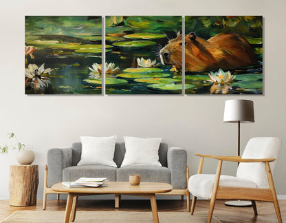 Capybara in the Lake with Water Lilies Painting Canvas Print, Modern Wall Art, Abstract Capybara Painting, Framed and Ready to Hang