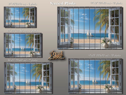 Wood Wall Art – Open Window Sea View Painting on Natural Wood Planks | Nautical Decor