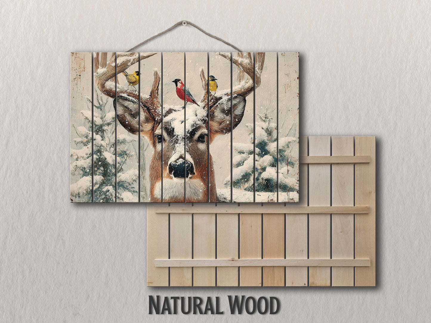 Snowy Deer Wall Art on Wood – Rustic Winter Scene, Cabin Decor