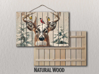 Snowy Deer Wall Art on Wood – Rustic Winter Scene, Cabin Decor