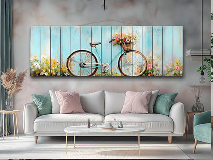 Vintage Bicycle Wall Art – Rustic Floral Print on Natural Wood Plank Art
