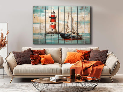 Nautical Wall Art – Coastal Wooden Wall Decor with Lighthouse Print & Sailboat Artwork