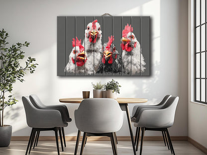 Happy Chickens Wood Print – Rustic Farmhouse Wall Art | Wood Plank Artwork