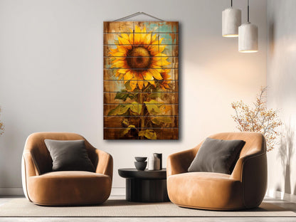 Sunflower Wood Art | Handcrafted Rustic Wall Decor with Unique Wood Grain Print