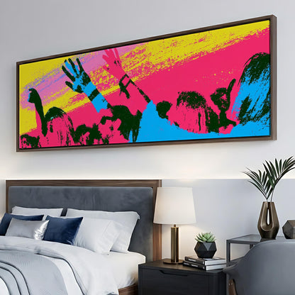 a large, colorful painting of a group of people with raised arms, hanging on a wall above a bed with white bedding.
