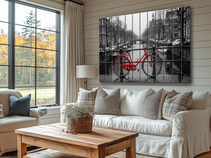 Wood Wall Art - Red Bicycle in Amsterdam Print on Wood, Netherlands Wall Art, Black and White Amsterdam Wood Print, Rustic Amsterdam Art