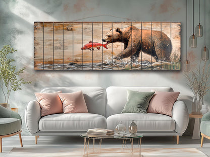 Rustic Wood Wall Art – Grizzly Bear Print on Linden Wood Planks | Natural Wildlife Decor