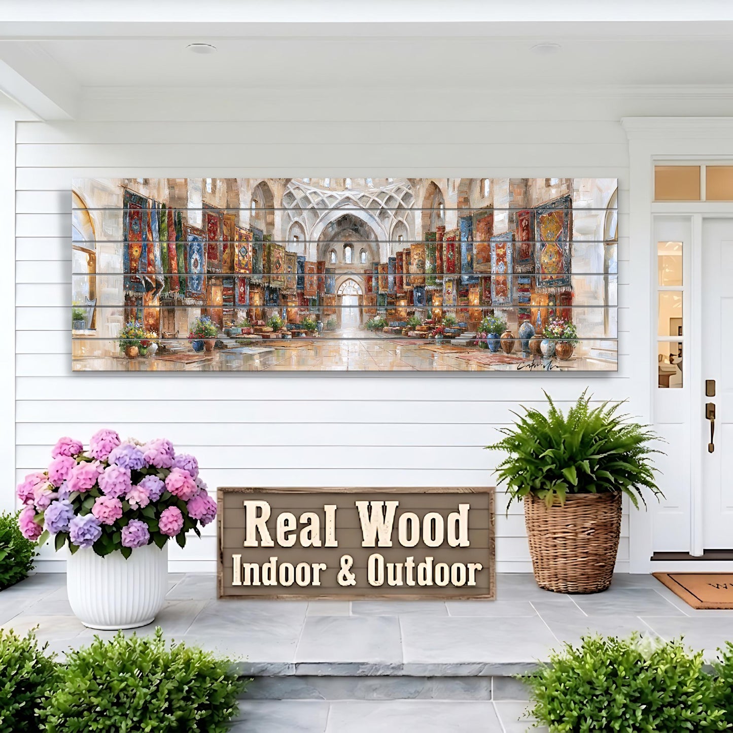 Persian Rug Market wood Print, Oriental Bazaar Wall Art, Traditional Carpet Store Painting, Cultural Decor