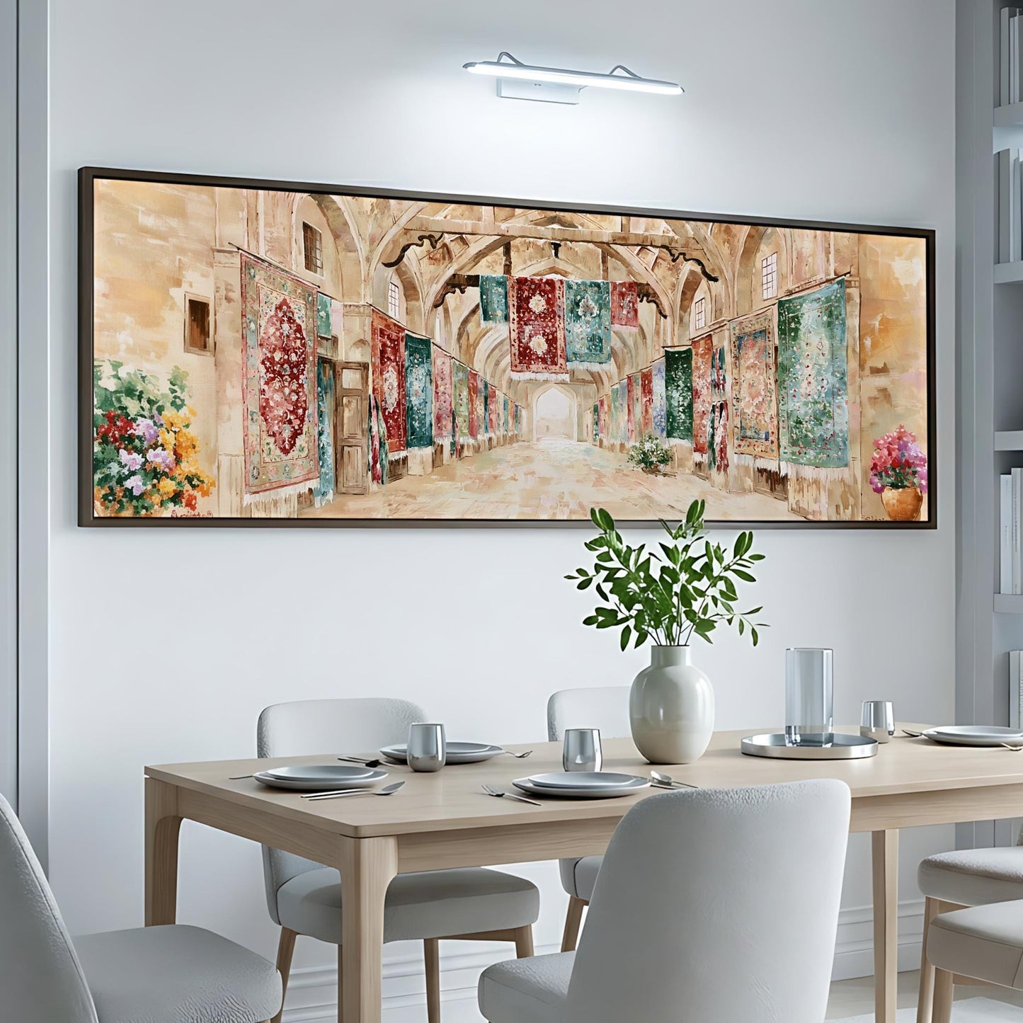 a large, colorful painting of a hallway with hanging carpets on the wall above a dining table set with plates, silverware, and a vase of flowers.