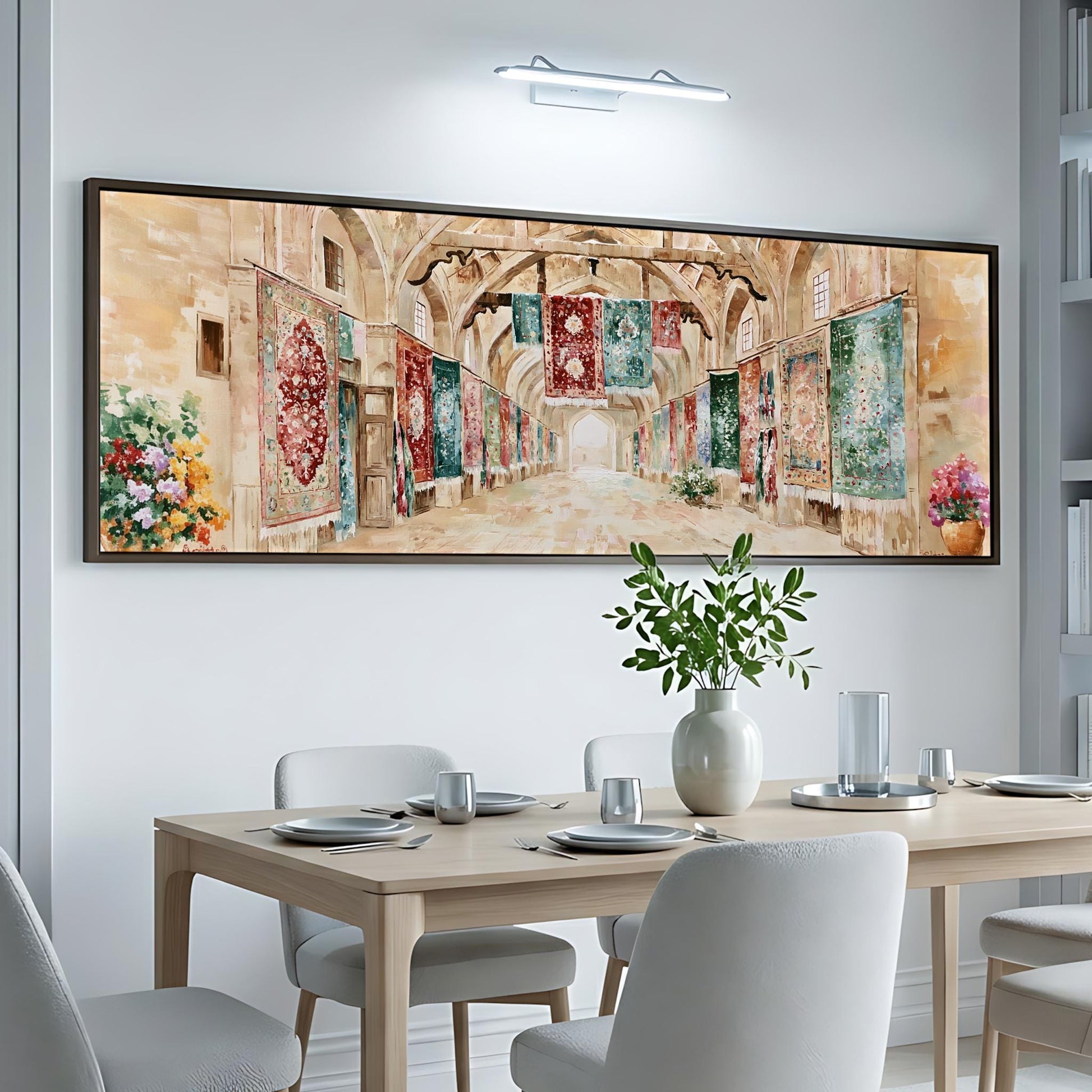 a large, colorful painting of a hallway with hanging carpets on the wall above a dining table set with plates, silverware, and a vase of flowers.