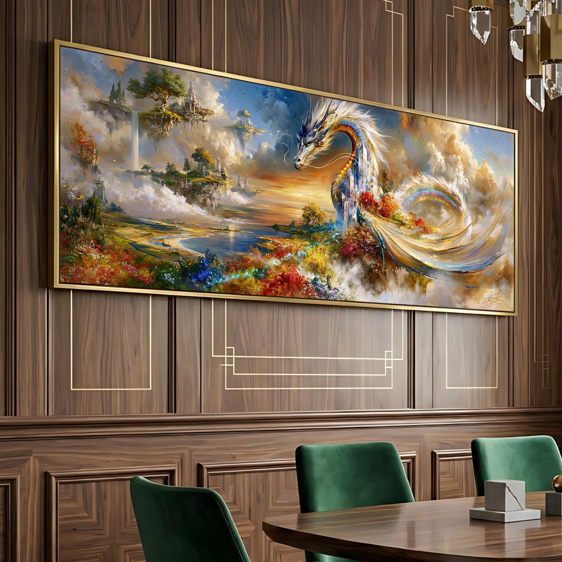 a large, colorful painting of a dragon-like creature against a backdrop of a fantastical landscape with clouds, mountains, and a sunset.