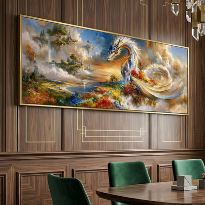 a large, colorful painting of a dragon-like creature against a backdrop of a fantastical landscape with clouds, mountains, and a sunset.