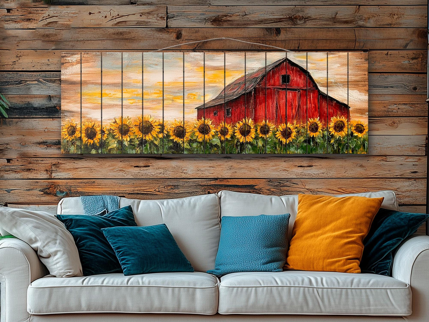 Rustic Wood Print – Sunflowers Field Art with Old Barn on Natural Wood Planks