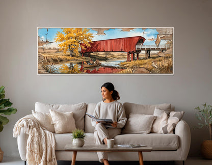 Roseman Bridge Canvas Print, Panoramic Covered Bridge Painting, Large River Wall Art, Framed and Ready to Hang