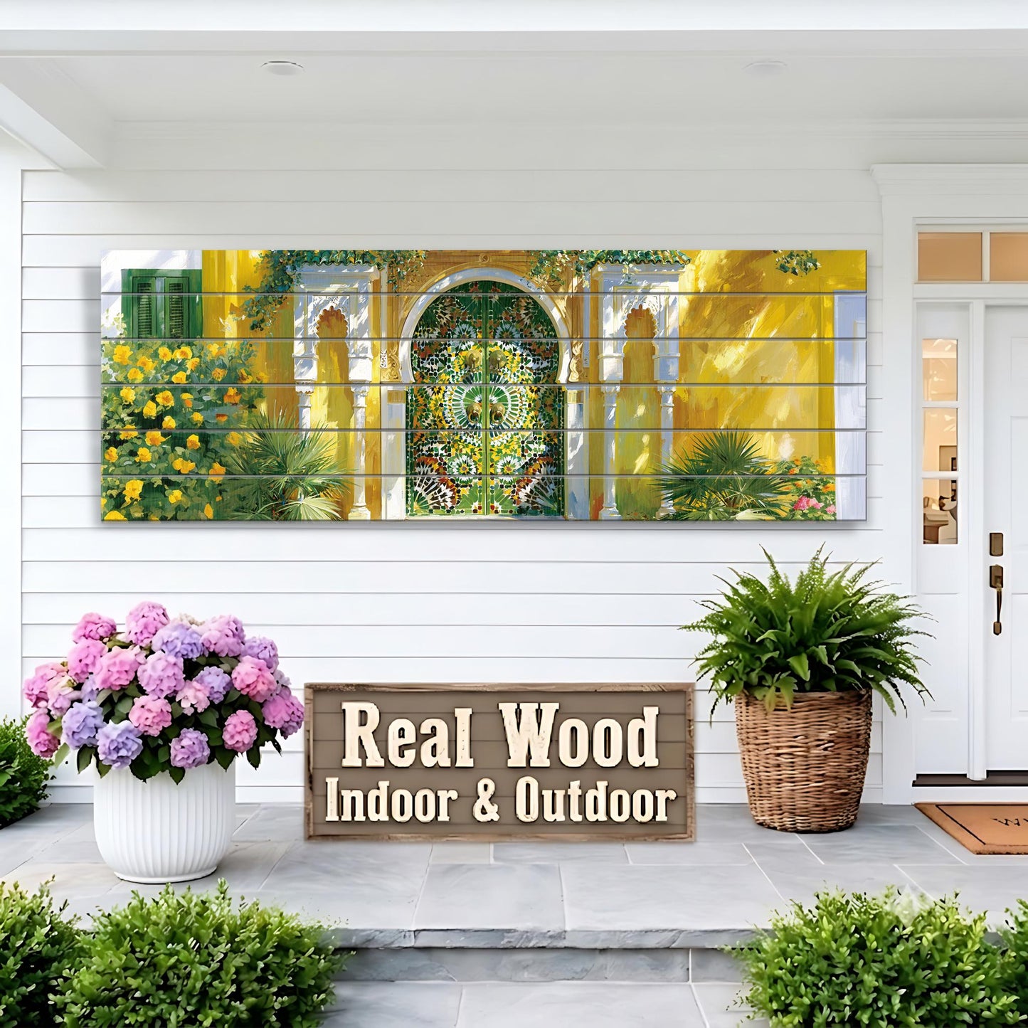 Moroccan Mosaic Door wood Print, Colorful Islamic Architecture Wall Art, Garden Entrance Painting