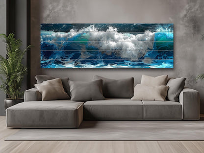 Ocean Wall Decor - Natural Wood Art with Deep Blue Ocean Waves Print, Ready to Hang