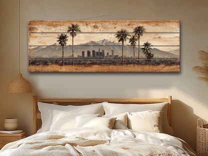Los Angeles Wood Art - Rustic Wood Print With Palm Trees & Mountains | Farmhouse Wall Decor