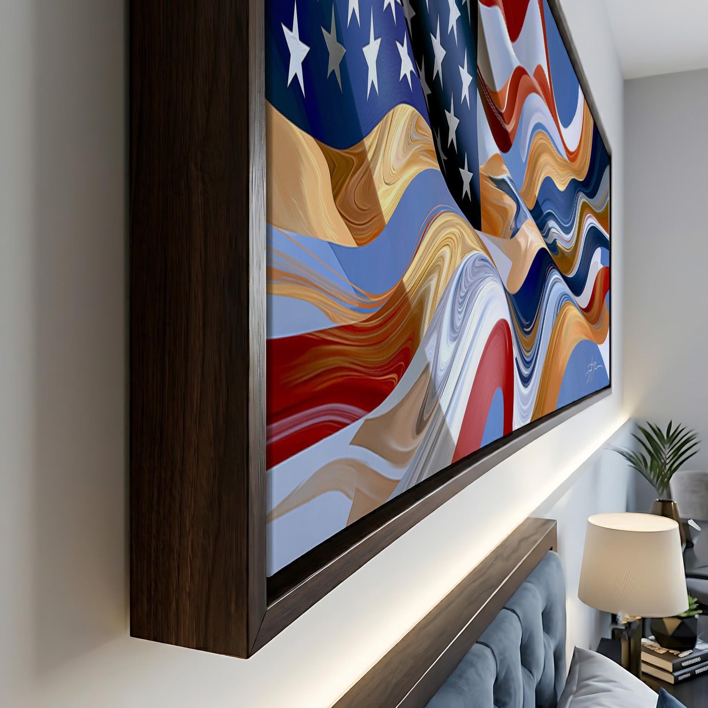 a large, colorful painting of the American flag hanging on a wall.