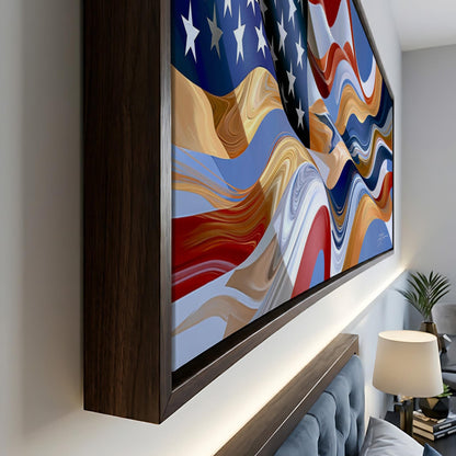 a large, colorful painting of the American flag hanging on a wall.