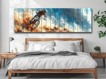 Mountain Biker Wall Art – Rustic Wooden Print on Wood | Outdoor Sports Decor