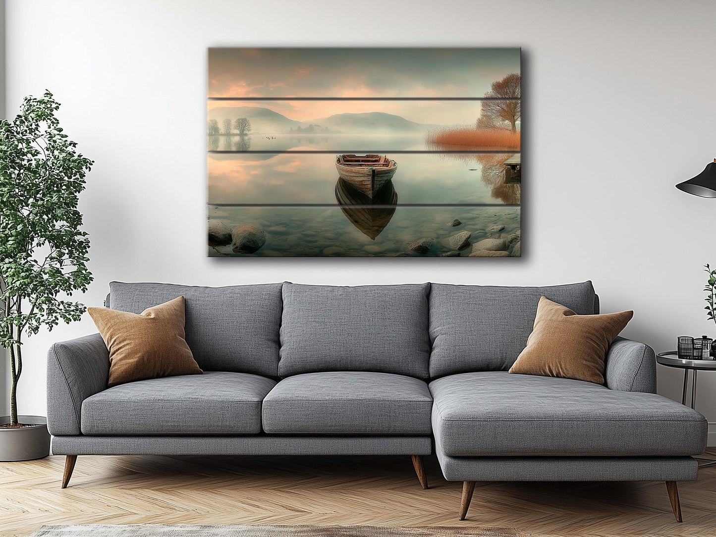 Boat on Misty Lake Print on Wood, Serene Nature Landscape, Rustic Mountain Wall Art