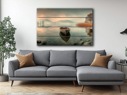 Boat on Misty Lake Print on Wood, Serene Nature Landscape, Rustic Mountain Wall Art